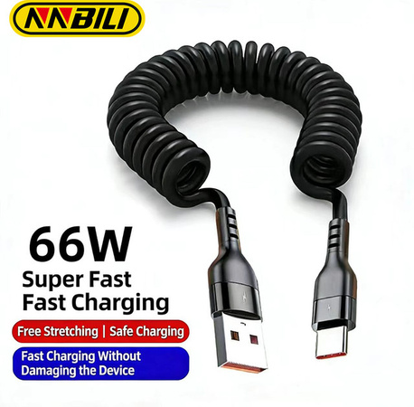 NNBILI USB-A auf USB-C Schnellladekabel 66W 5A Feder-Teleskopkabel in Schwarz für Samsung Huawei Xiaomi Redmi OnePlus