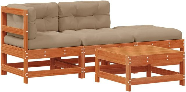 vidaXL Garten-Lounge-Set aus massivem Kiefernholz in Wachsbraun mit Tisch, Ecksofa, Sesseln und Fußablage - Bild 1