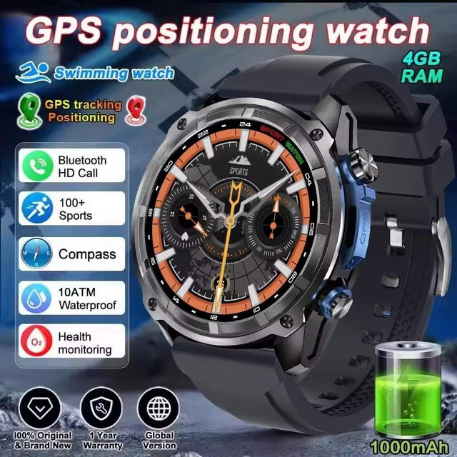 ElectronicsHome Herren Outdoor Smartwatch mit AMOLED Display, GPS-Karte, 4GB Speicher und Bluetooth Anruffunktion, Schwarz - Bild 1