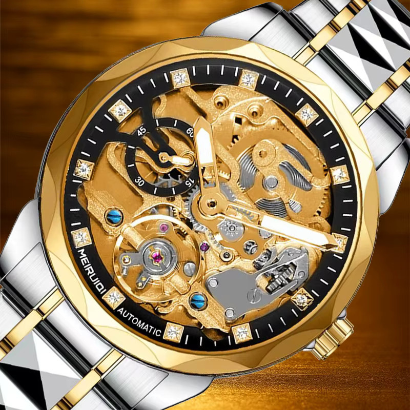 MEIRUIQI Armbanduhr, Automatik, Edelstahl, Gold, Schwarz, Herren - Bild 4