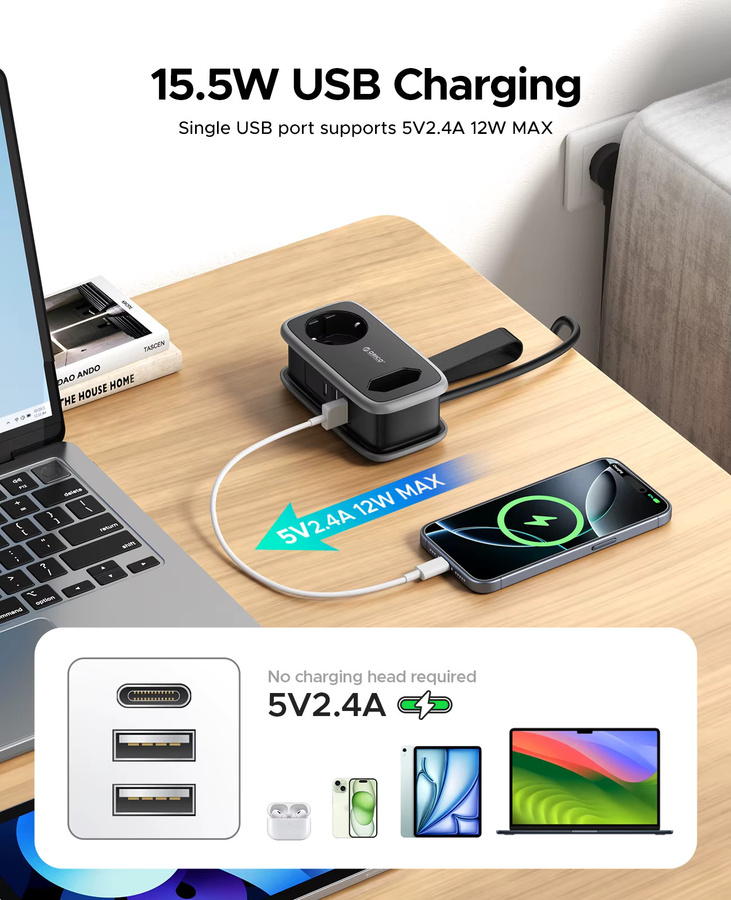 ORICO Steckdosenleiste mit 2 AC-Steckdosen und 2 USB-A Anschlüssen, 15,5 W Schnellladefunktion, Schwarz - Bild 3