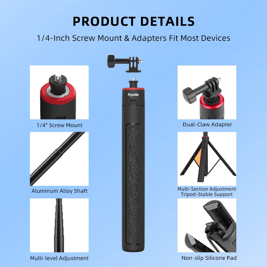 Flymile Selfie-Stick und ausziehbares Stativ in Schwarz für DJI Action 5 Pro, Osmo Pocket 3, Insta 360 und GoPro Kameras - Bild 5