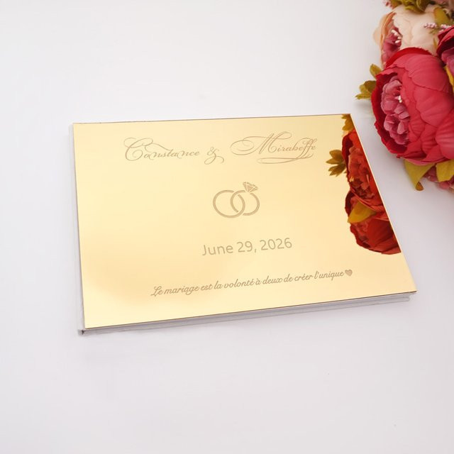 Personalisierte Acryl-Spiegel-Gästebuchhülle für Hochzeiten in Transparent und Silber mit individuellem Namens- und Datumsdesign und Diamant-Doppelringen - Bild 1