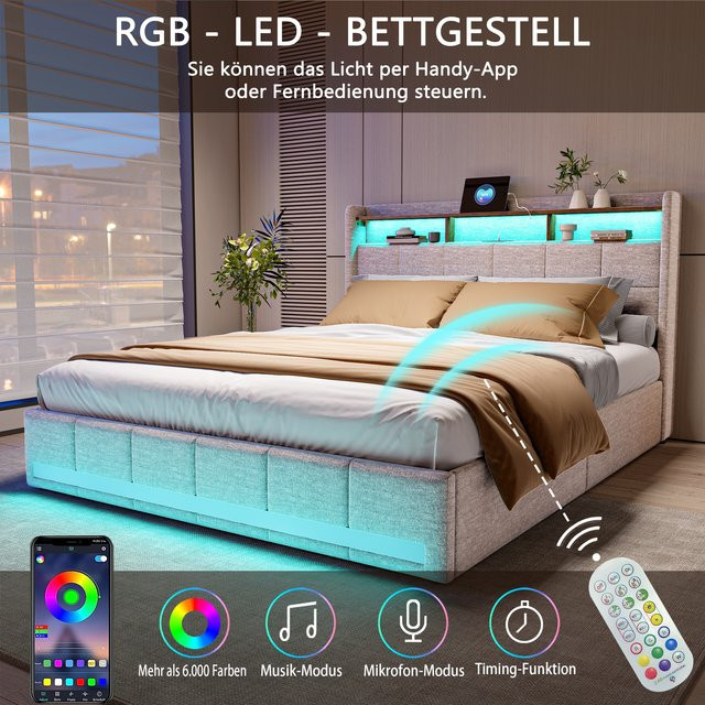 Modernes Polsterbett mit LED-Licht und USB-Ladeanschluss in Grau und Beige, Stauraumbett mit 4 Schubladen, B/T/H: 160 x 200 cm - Bild 1