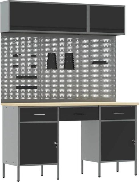 vidaXL Werkbank mit Speicher und Pegboard aus Holz und Stahl, Schwarz, B: 200 cm, H: 650 cm, T: 55 cm - Bild 1