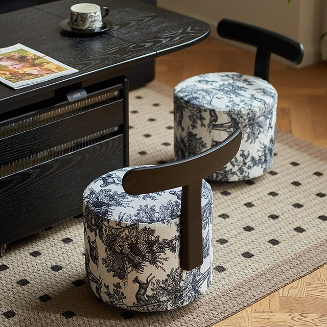 LIUSHADUOLA Massivholz-Hocker mit Rückenlehne in Blau, runder Mid-Century Modern Schuhhocker mit Rollen für den Eingangsbereich oder das Wohnzimmer - Bild 1