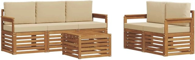 vidaXL Sofagarnitur 6-teilig aus Massivholz Akazie in Natur und Beige mit Tisch und Polstern - Bild 1