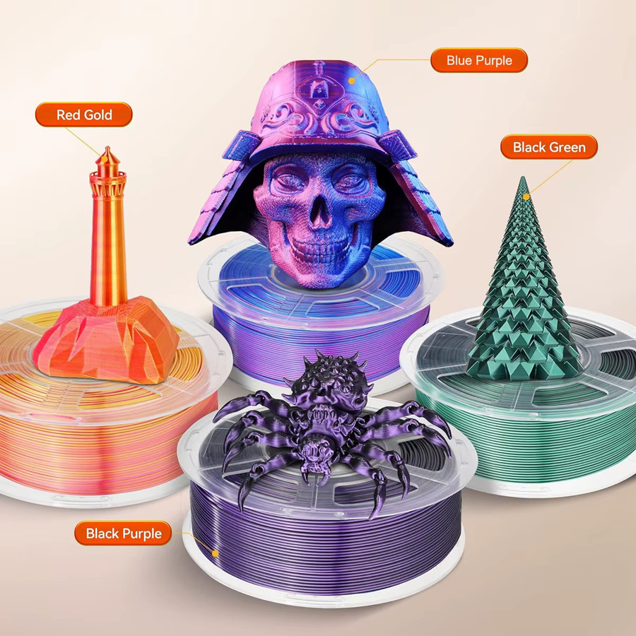 3D Maliang Seidenfilament-Bundle für FDM 3D-Drucker, zweifarbig glänzende Struktur, Farben: Schwarz, Lila und Multicolour, 4 Rollen à 250 g, Gesamtgewicht 1 kg - Bild 3