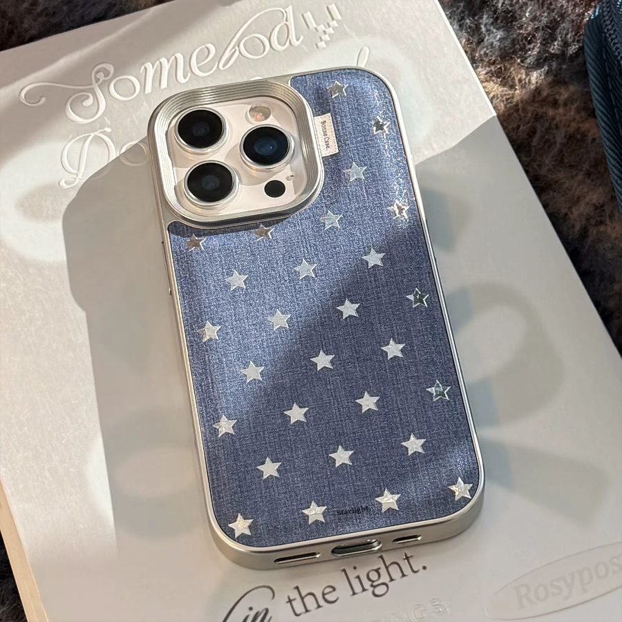 Stoßfeste Leder Handyhülle mit vergoldeten Sternen und silbernem Rand für dein iPhone 12 bis iPhone 17 Pro Max Plus in Gold, Silber oder Blau - Bild 3