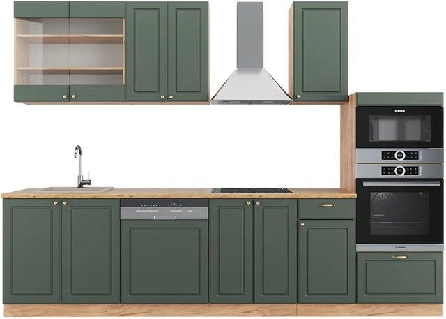 Vicco Fame-Line Küchenzeile Landhausstil in Grün-Gold und Eiche mit Hochschrank, Breite: 300 cm - Bild 1