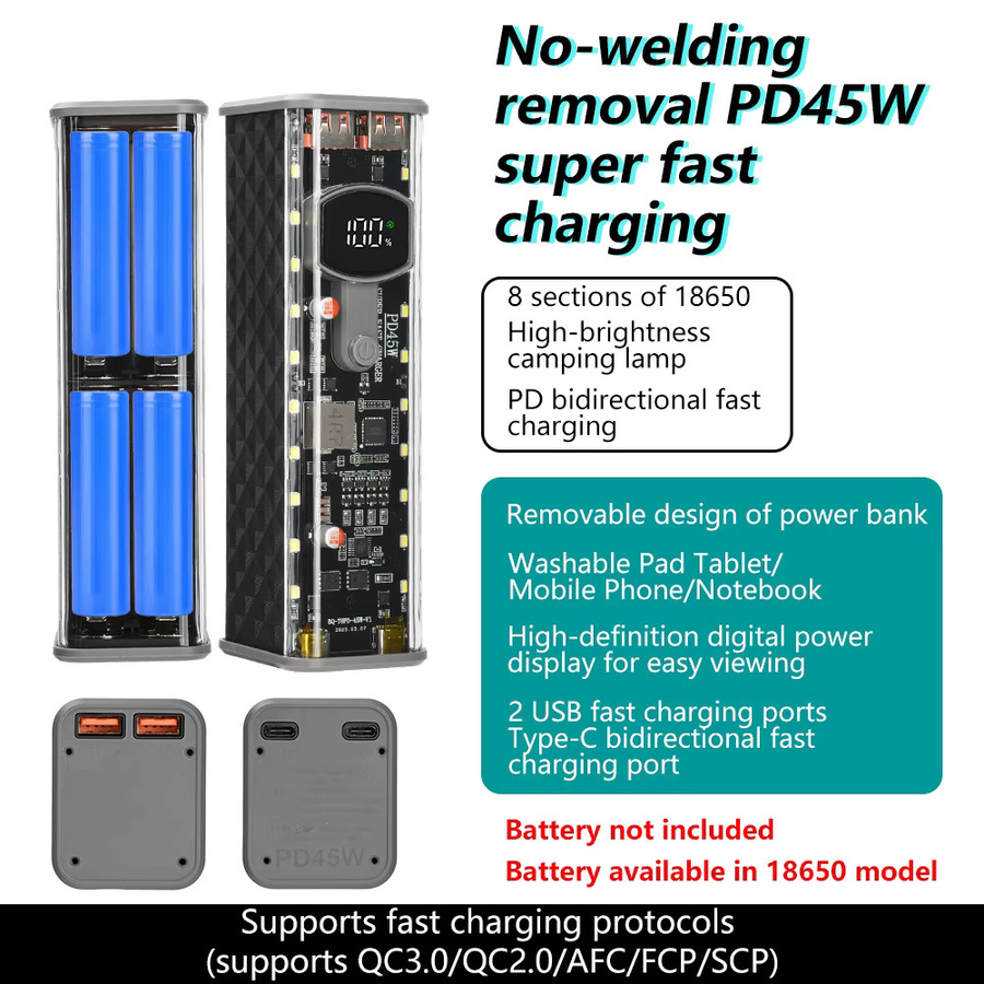 diymore DIY-Kit Powerbank-Gehäuse Mecha-Design, 8-Fach für 18650/21700 Akkus, Transparent Orange mit USB-C Schnellladegerät - Bild 2