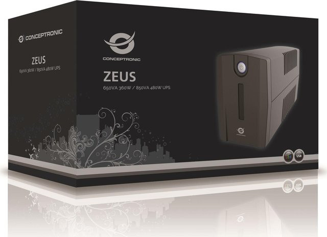 Conceptronic ZEUS02ES Unterbrechungsfreie Stromversorgung (UPS) 850 VA Line-Interaktiv in Schwarz mit USB-A, USB-C und RJ45 Anschlüssen - Bild 1