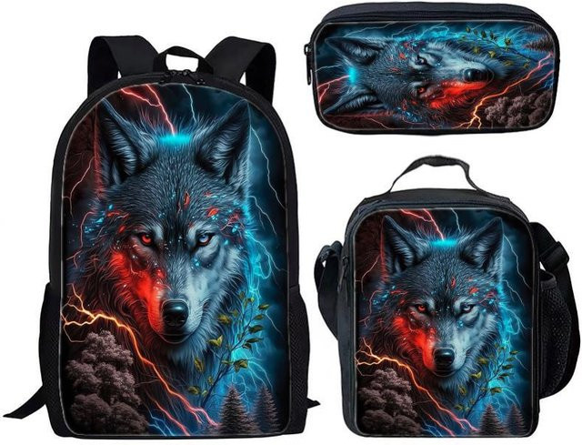 Fancy Style Studio Schulset Wolf Grau mit Rucksack, Brotdose und Federmäppchen für Kinder und Grundschüler - Bild 1