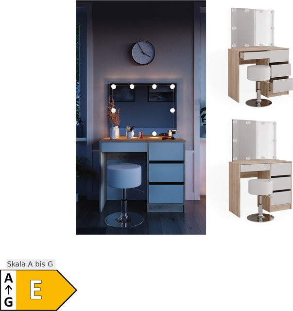 Vicco Schminktisch Sherry Sonoma Weiß mit LED-Beleuchtung, Spiegel und Hocker, B: 90 cm, H: 75 cm, T: 40 cm - Bild 1