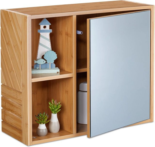 Relaxdays Spiegelschrank aus Bambus und MDF in Natur mit Glasfront und höhenverstellbaren Regalfächern, B/H/T: 54,5 x 45 x 20 cm - Bild 1