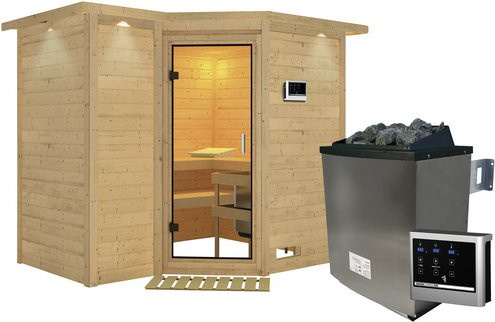 Karibu Sauna Riga 2 aus Fichtenholz in Beige inklusive 9 kW Saunaofen mit externer Steuerung für 4 Personen, B/T/H: 264 x 198 x 212 cm - Bild 1