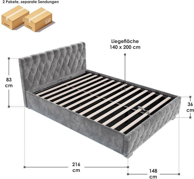 Juskys Polsterbett Nizza mit Bettkasten und LED-Beleuchtung in Grau, Samt mit Chesterfield-Steppung, B/T/H: 140 x 200 x 54 cm - Bild 4