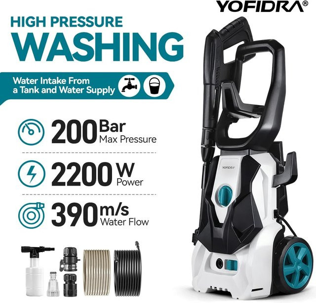 YOFIDRA Elektrische Hochdruck-Autowaschpistole 2200W mit 200Bar und verstellbarer 180 Grad Düse für Garten und Industrie - Bild 1