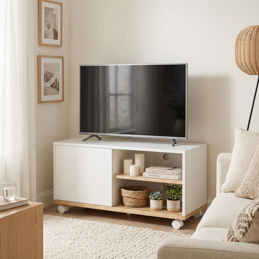 Aosom HOMCOM TV Lowboard mit Rollen und Kabelführung in Weiß und Eiche, B/T/H: 80 x 45 x 41 cm - Bild 2