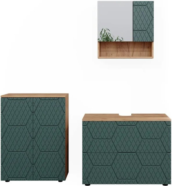 Vicco Badmöbel-Set Irma 3-teilig in Eiche und Grün mit Kommode und Waschbeckenschrank 80 cm - Bild 2