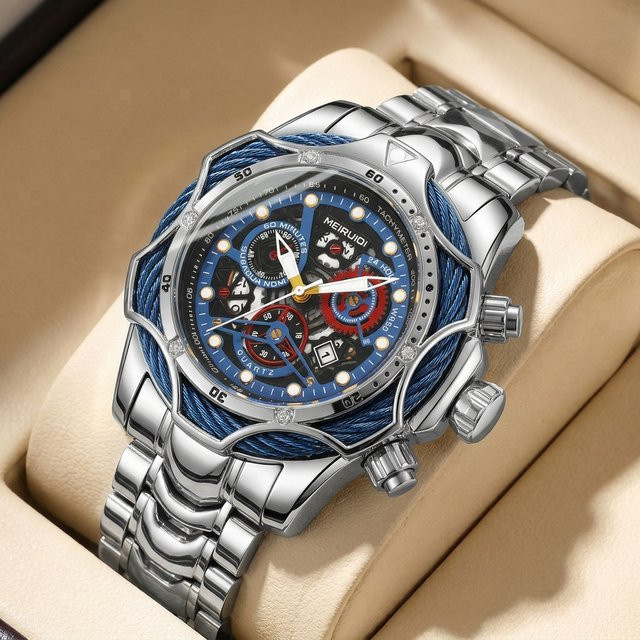 MEIRUIQI Armbanduhr, Quarz, Edelstahl, Gold, Textil/NATO, Herren - Bild 1