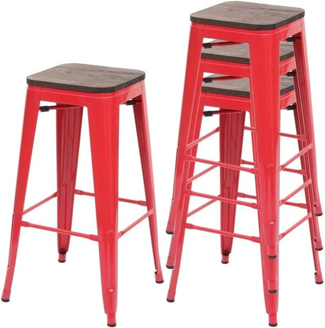 4er-Set MCW Barhocker A73 in Rot mit Holz-Sitzfläche im Industriedesign, stapelbar - Bild 2