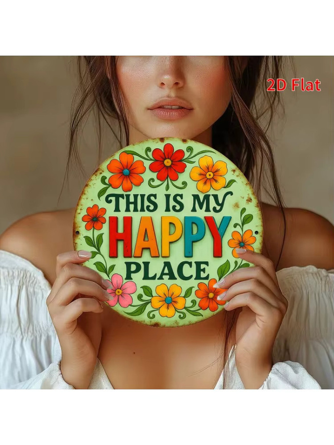 Potdemiel Vintage Rundes Eisenschild This is My Happy Place mit bunten Blumen, Durchmesser: 20,32 cm, Rustikale Wanddekoration aus Metall - Bild 6