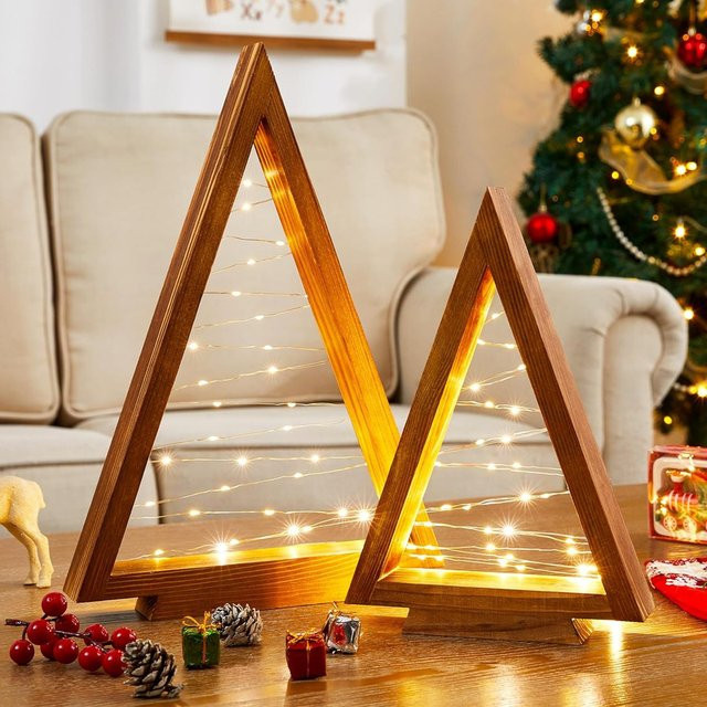 Peach Forest 2er-Set Weihnachtsbaum aus Holz mit Lichtern in Braun für moderne Bauernhaus-Dekoration - Bild 1