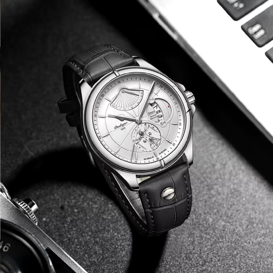 POEDAGAR Armbanduhr Quarz, Leder, Silber, Herren, Datum, Weiß - Bild 6