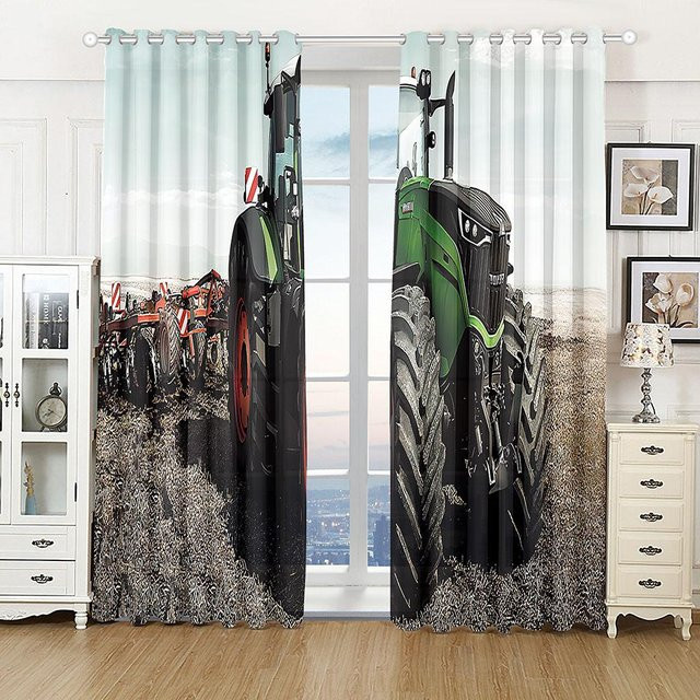 3D Traktor Bauernhof Landschaft Vorhänge mit Motiv Fahrzeugen, semi-transparent, Mehrfarbig, B: 50 cm, H: 130 cm - Bild 1