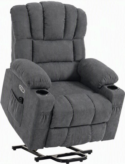 HOMCOM Elektrischer Relaxsessel mit Aufstehhilfe und Vibrationsmassage in Grau mit Liegefunktion, Wärme, USB-Anschluss und Becherhalter - Bild 1