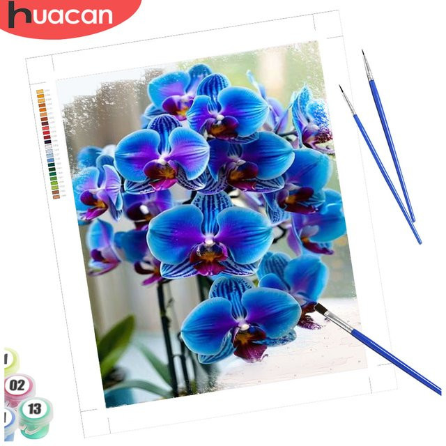 HUACAN Malset Malen nach Zahlen mit Orchideenmotiv auf Leinwand in Blau - Bild 1