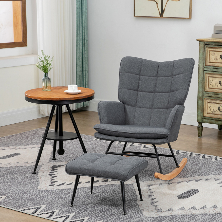 HOMCOM Schaukelstuhl mit Hocker in Leinenoptik, grauer Schwingsessel mit Armlehnen für Wohnzimmer und Schlafzimmer - Bild 2