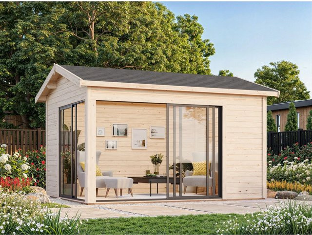 Palmako Gartenhaus Amanda Slide Plus aus Fichtenholz in Grau, B/T: 390 x 300 cm - Bild 1