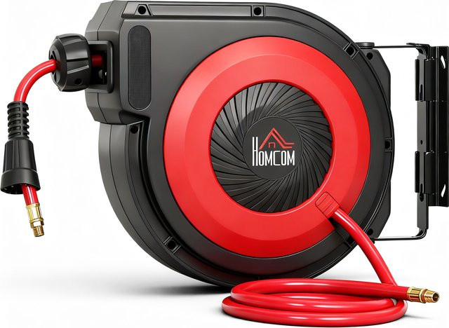 HOMCOM Automatik Druckluftschlauchtrommel mit 15m+1,5m Schlauch, 1/4 Zoll Schnellanschluss und 180 Grad Drehgelenk, Rot-Schwarz - Bild 1