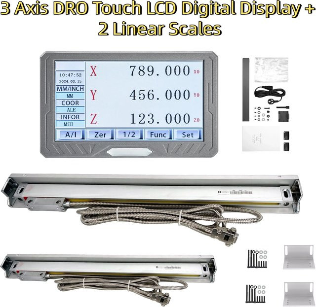 aoedro Digitales 3-Achsen-DRO-Kit mit SDS200S-Anzeige, mehrsprachiges LCD-Touchscreen-Lineal und 2 linearen 5-um-Linealen mit Glasskala in Silber - Bild 1