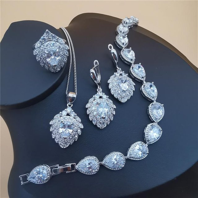 Schmuckset Damen, Silber, Zirkonia, Ohrringe, Halskette, Armband, Ring - Bild 1