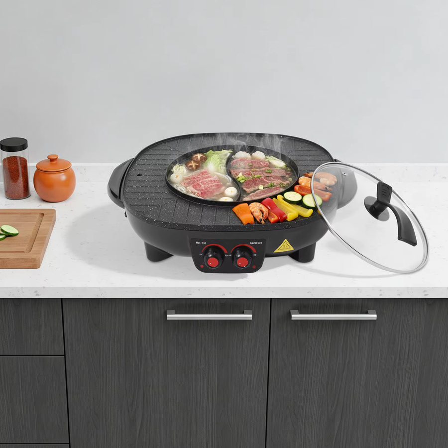 Bymaocar 2-in-1 Elektrischer Hot Pot und Raclette-Grill mit 3L Fassungsvermögen, 2200W, Schwarz - Bild 2