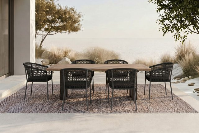 OUTFLEXX Bob/Zui Garten-Essgruppe in Anthrazit und Dunkelgrau mit 6 Sesseln, Polstern und Tisch, gefertigt aus Aluminium, recyceltem FSC-Teakholz und Rope, Breite: 220 cm, Tiefe: 100 cm - Bild 1