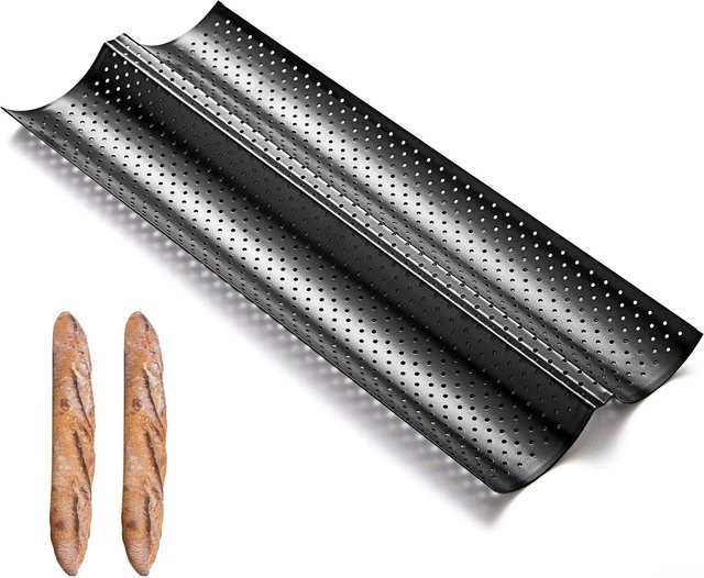 Rench Baguette-Backform aus Kohlenstoffstahl mit Antihaftbeschichtung, perforiertes Brottablett für 2 bis 4 Laibe, Schwarz/Silber - Bild 1