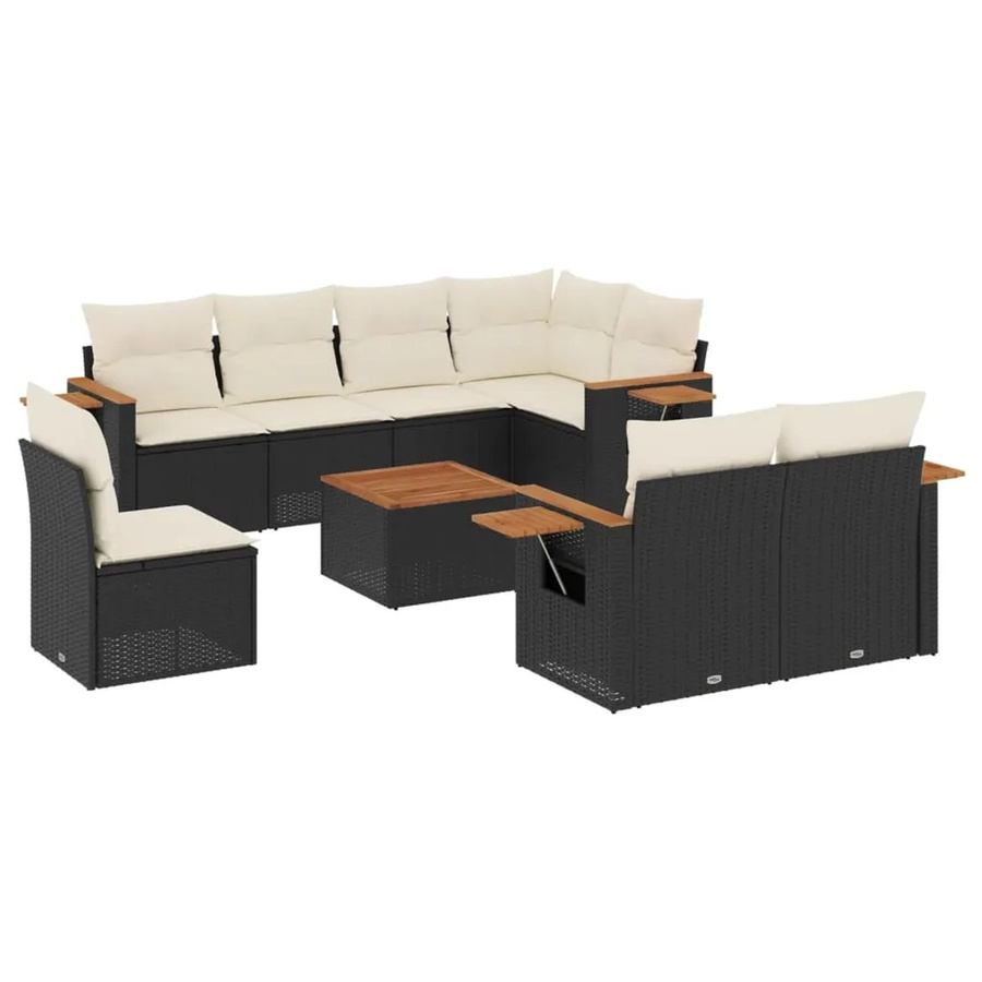 vidaXL 9-teilige Garten-Sofagarnitur in L-Form aus Poly-Rattan und Akazienholz mit Kissen in Schwarz-Creme - Bild 2