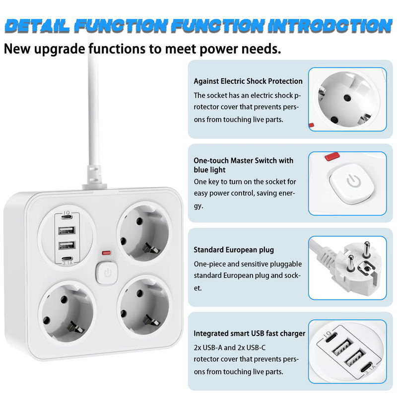 Steckdosenleiste mit Europäischem Stecker und Überspannungsschutz, 3 AC-Steckplätze, 2 USB-A und 2 USB-C Anschlüsse, 13A 250V 3250W mit Schalter - Bild 3