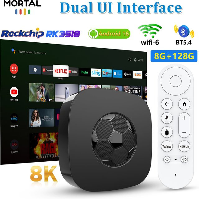 Mortal T1 Ultra TV Box Android 16 mit 16GB RAM und 128GB Speicher, RK3518 Media-Player in Schwarz mit 4K UHD, WiFi 6 und Bluetooth 5.2 sowie Sprachsteuerung - Bild 1