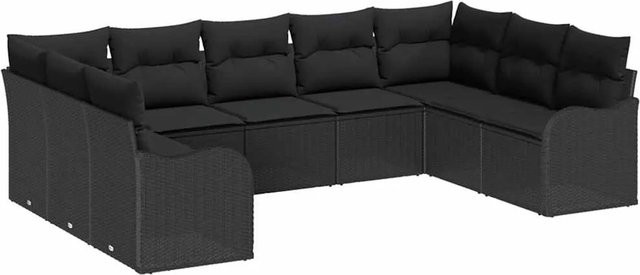 vidaXL Garten-Sofa-Set aus Polyrattan in Schwarz, 9-teiliges U-Shape Lounge-Set mit Kissen und Armlehnen - Bild 1