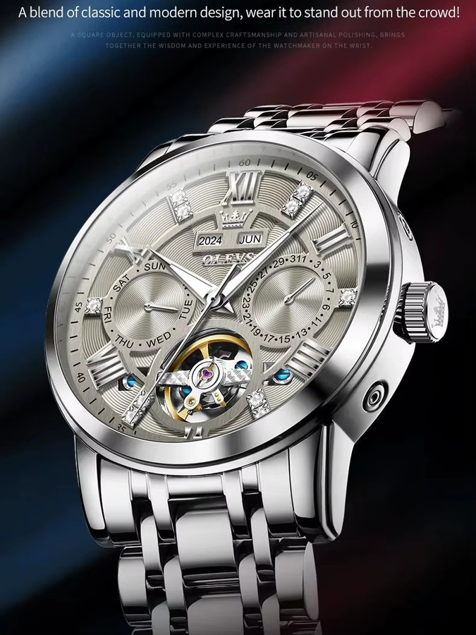 OLEVS Armbanduhr, Automatik, Edelstahl, Silber, Bicolor, Herren - Bild 7