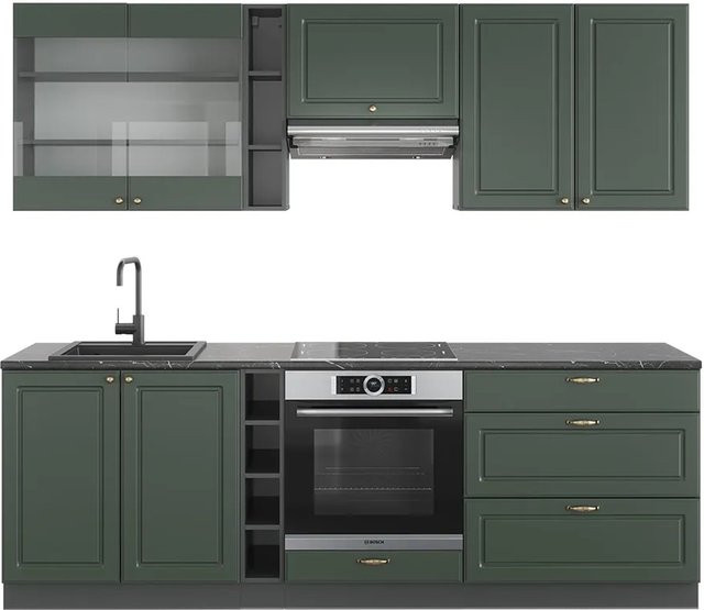 Vicco Fame-Line Küchenzeile im Landhausstil in Grün, Gold und Anthrazit, B: 235 cm, H: 82 cm, T: 60 cm - Bild 1