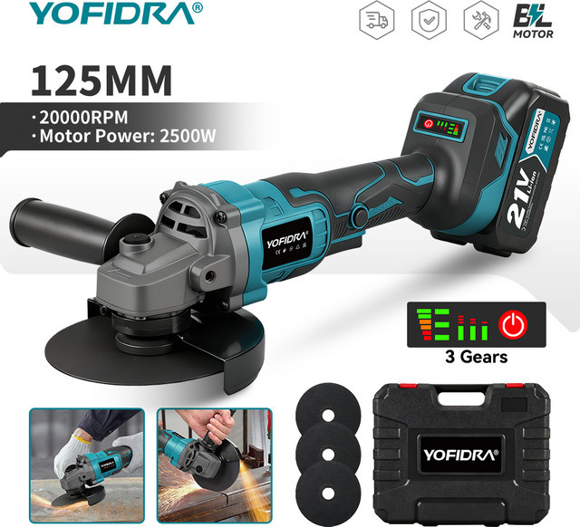 YOFIDRA Bürstenloser Winkelschleifer 125 mm mit 3 Gängen, kabellose Schleifmaschine für Makita LXT Akkus zur Holzbearbeitung und zum Schneiden - Bild 1