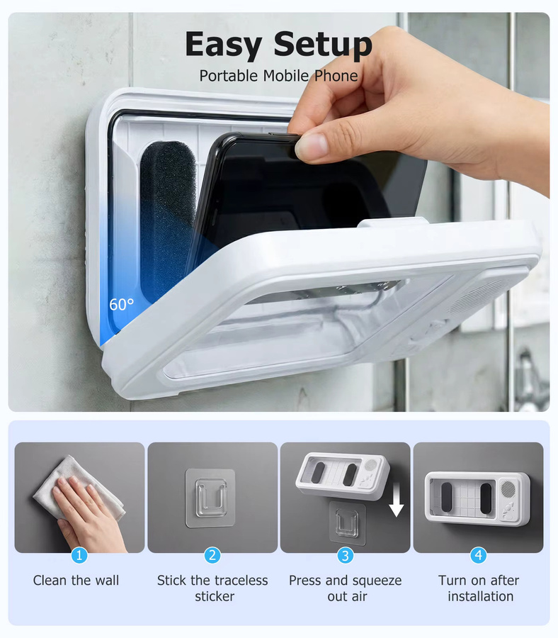 Eary Dusch-Handyhalterung mit Bluetooth-Lautsprecher, IPX5 wasserdichte Badezimmer-Box in Weiß mit 360 Grad drehbarer Wandhalterung und Antibeschlag-Schale - Bild 4