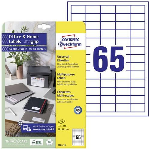 Avery Zweckform 3666-10 Universal-Etiketten Weiß, Papier, 650 Stück, B: 38 mm, H: 21,2 mm, permanent haftend für Tintenstrahldrucker und Laserdrucker - Bild 1