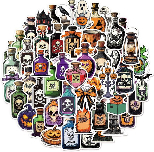 PickJoy 50 Stück Halloween Medizin Flasche Aufkleber, kreative Graffiti Sticker, wasserfest für Notebook, Gepäck und Lautsprecher, Mehrfarbig - Bild 1